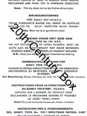 Dinky Toys 103 Captain Scarlet Spectrum Patrol Car Instruction Sheet Dinky Toys 103 Captain Scarlet Spectrum Patrol Car Instruction Sheet