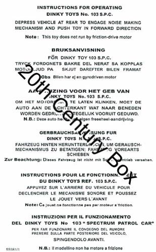 Dinky Toys 103 Captain Scarlet Spectrum Patrol Car Instruction Sheet Dinky Toys 103 Captain Scarlet Spectrum Patrol Car Instruction Sheet