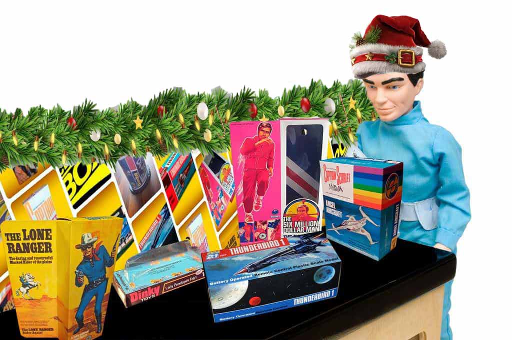 Vintage Christmas toy display with 20th Century Box collectibles and a Santa doll. Festive holiday scene showcasing retro action figures and packaging. Christmas Scott with toys.